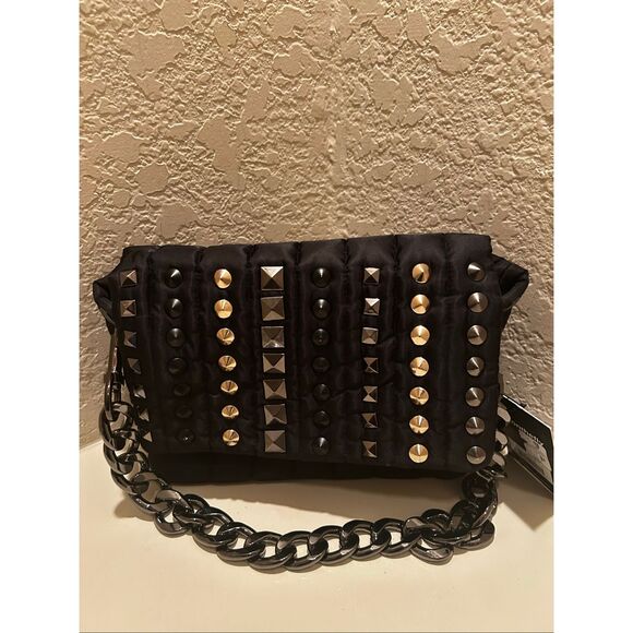 Think Royln The Studded Bar Bag Black Quilted Nylon Puffer Purse Edgy Punk NWT - Picture 2 of 14